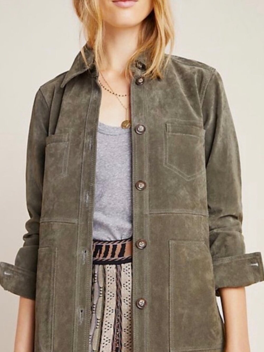 Anthropologie Moss Green Suede Shirt Jacket